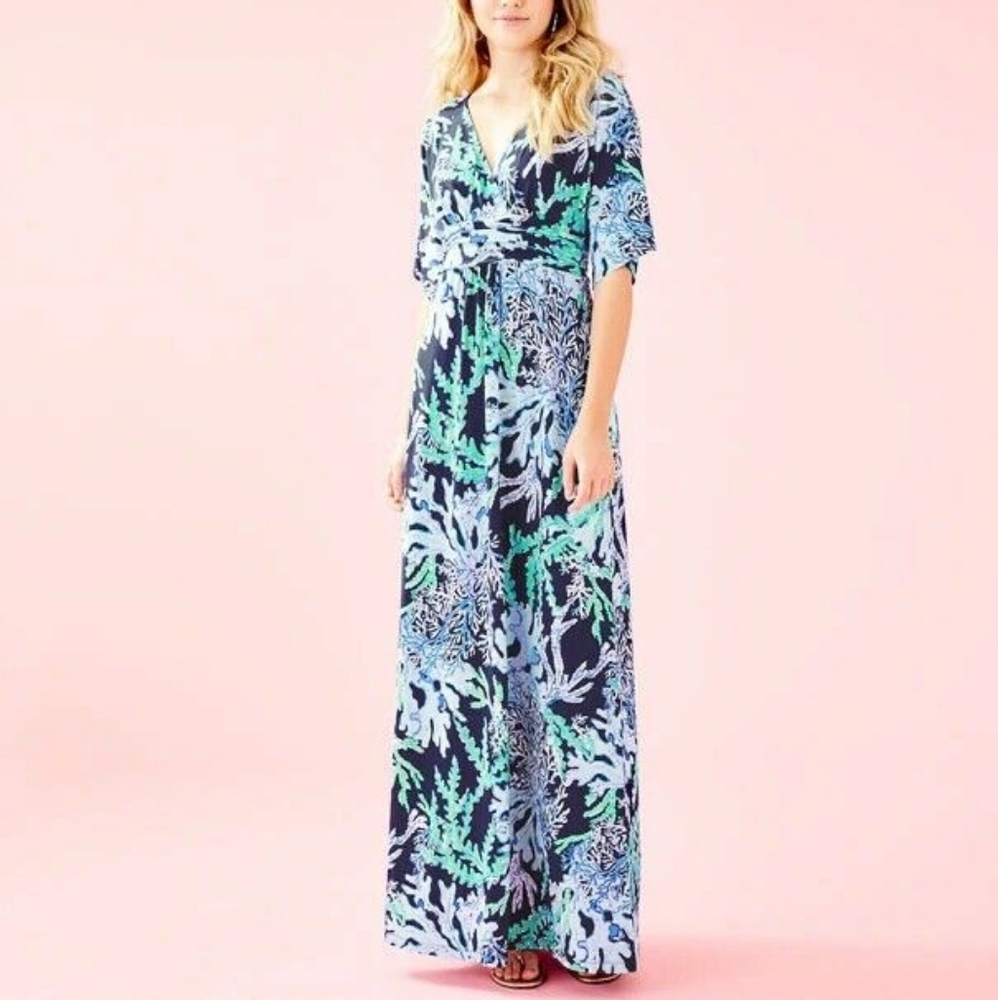 Lilly Pulitzer Parigi Maxi Dress Deep Indigo Swish Sway Navy Blue Green Lilac S